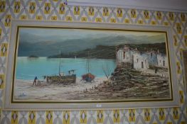 Oil on Canvas 1970s Mediterranean Beach Scene by C