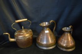Two Victorian Copper Jugs and Kettle