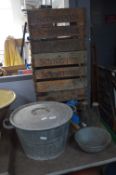 Galvanised Wash Tub, Feeding Scoop, Three Old Milk Bottles & Three wooden Crates