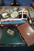 Two Vintage Small Suitcases and Collectible Items, Lamps, Money Boxes etc