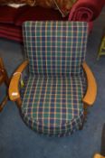 Low Seated Armchair - Reupholstered in Green & Blu