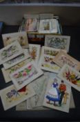 Tin of Vintage Postcards & Collection of Silk Post