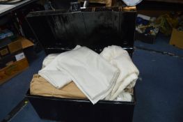 Black Painted Tin Trunk Containing Vintage Bedding