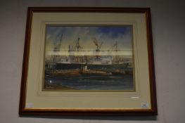 Framed Watercolour of Hull Docks by Adrian Thompso