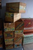 Ten Assorted Wooden Fruit Crates with Paper Labels