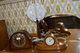 Two 1930s Mantel Clocks & Wooden Table Lamp