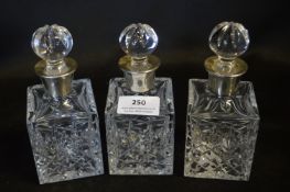 Three Cut Glass Square Crystal Decanters with Hall - A/F