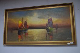 Gilt Framed Oil on Canvas Multi Coloured Ships