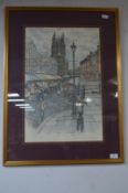 Framed Pencil & Watercolour Sketch of a Market Tow