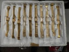*Tray of 10 Yellow Metal Ladies Fashion Watches