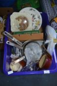 Tub of Kitchenware, Stainless Steel Pans, etc.