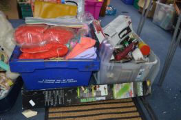 Two Tubs of Household Items Including Blankets, Ir