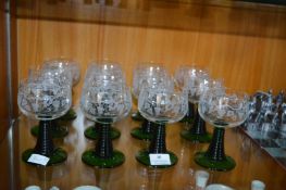 Set of Twelve Etched Green Glass Wine Goblets