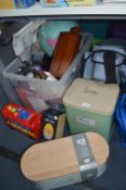 Large Tub of Assorted Household Items, Bread Bins,
