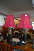 Pair of Laura Ashley Beveled Glass Mirrored Table Lamps with Red Damask Shades