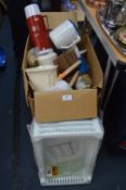 Large Box of Kitchen Items Including Thermos Flask
