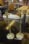 Pair of Tall Brass Twist Candlesticks