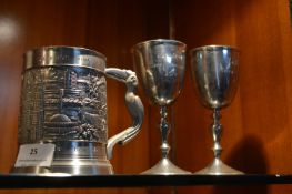 Modern Pewter Tankard and a Pair of Goblets