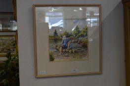 Framed Watercolour - Children Playing in a Stream