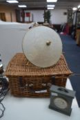 Wicker Picnic Basket, Brass lamp and a Mantel Cloc