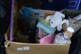 Large Box of Household Items Including Purses, Sli