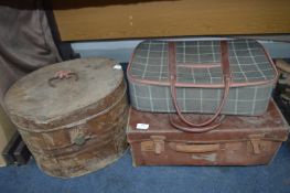 Old Painted Metal Hat Box and Two Suitcases