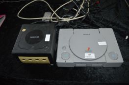 Sony Playstation and a Nintendo Gamecube