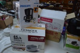Hitachi Rice Cooker, Philips Coffee Maker, and Two