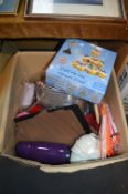 Box of Household Items; Cupcake Stand, Pyrex, Ther