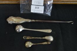 Sterling Silver Button Hook and Three Mustard Spoo