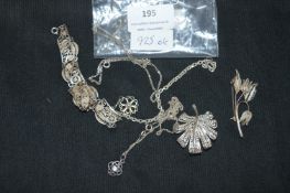 925 Sterling Silver Filigree Brooches and Bracelet