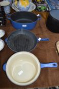 Three Le Creuset Blue Enamel Pans: Casserole, Skil