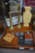 Wooden Box and Collectibles, Brass Candlesticks, H