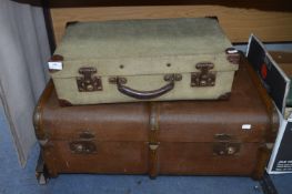 Steamer Trunk and a Canvas Covered Suitcase