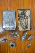 Tin of Silver Plated Cruet Sets, Spoons, etc.