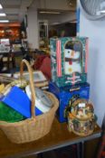 Boxed Musical Water Globe, Christmas Snowman and a Basket of Household Items