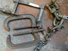 Three Large G-Clamps and a Quantity of Shackles