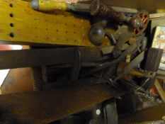 Box of Assorted Vintage Tools Including Planes, Sa