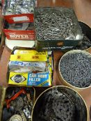 Box of Tin Containing Body Filler, Nails, Springs,