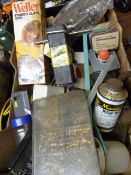 Box Containing Tile Cutter, Brass Olives, Stained