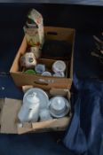 Box Containing Pottery Mugs, Tea Set, Work Trouser
