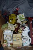 Box of Assorted Decorative & Household Items; Cloc