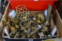 Box of Brassware; Candlesticks, Ornamental Items,