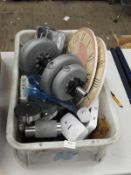 *Box of Assorted DIY Equipment, Wall Clocks, Dumbb