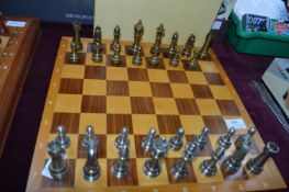 Wooden Chess Board with Metal Pieces (One Pawn Mis
