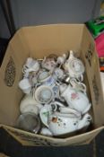 Box of Pottery Items; Teapots, Cups and Saucers, e