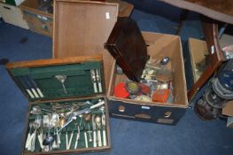 Box of Metalware, Cutlery Canteens, Trays, Mirrors