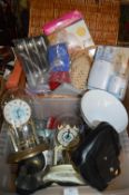 Tub and a Basket of Household Goods; Clocks, Towel