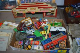 Vintage Handmade Toy Garage and a Box of Playworn