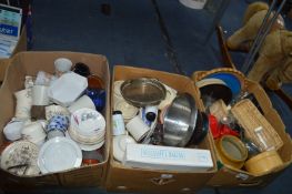 Three Boxes of Kitchenware, Pottery Brass and Meta